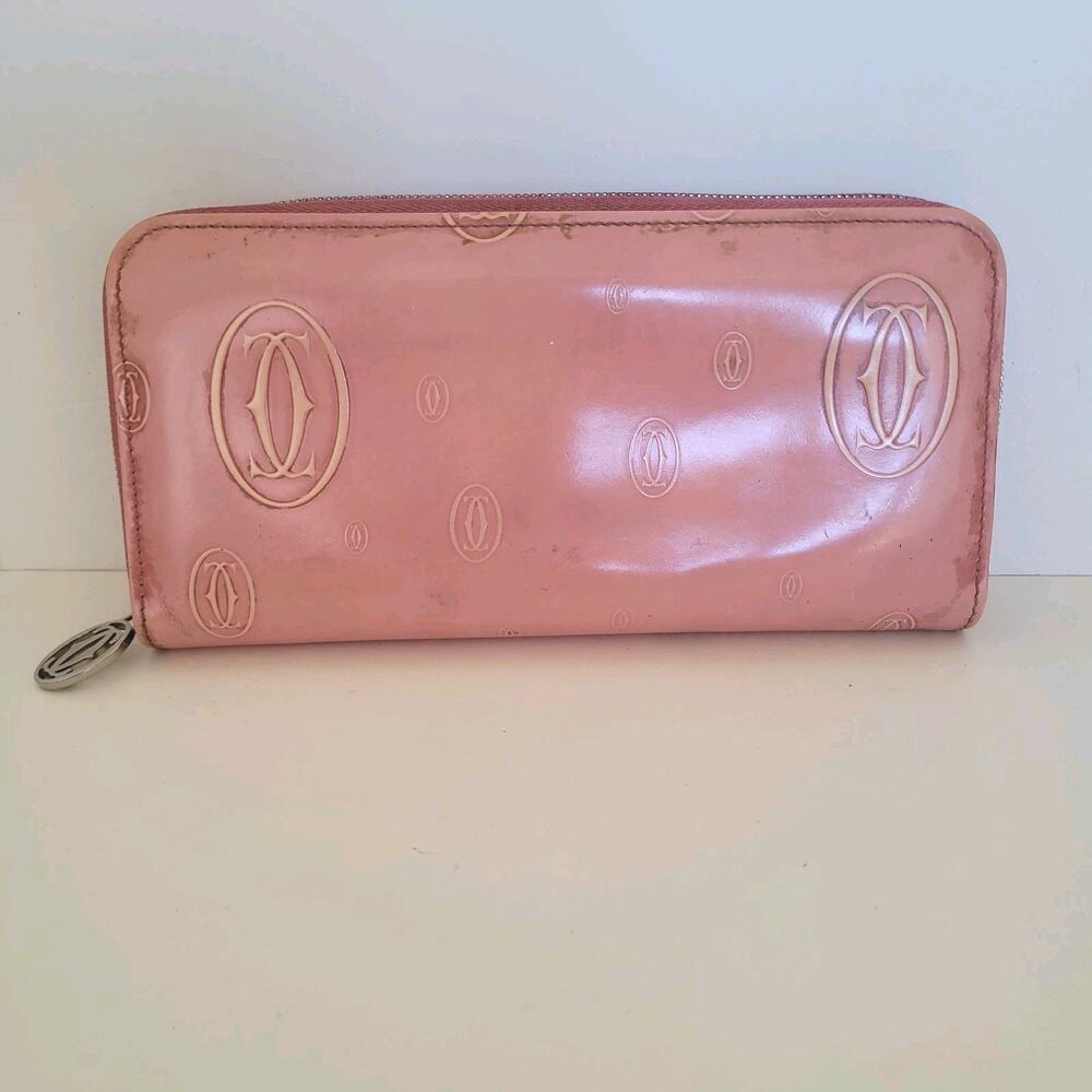 Cartier Happy Birthday Patent Leather Zip Around Long Wallet Pink Large Designer